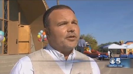 Pastor Mark Driscollt speaks to local media outside his new Phoenix, Arizona-based Trinity Church prior to Easter Sunday services on March 27, 2016.