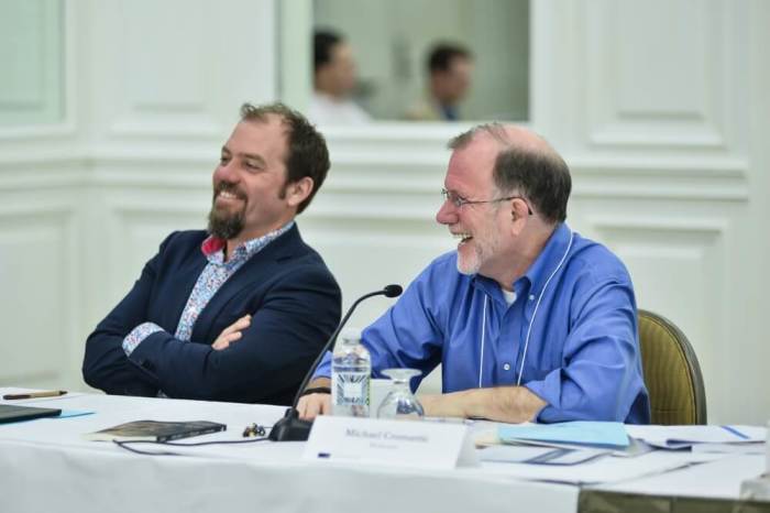 James K.A. Smith (left), Byker Chair in Applied Reformed Theology and Worldview at Calvin College, and Michael Cromartie (right), vice president of Ethics and Public Policy Center, at Faith Angle Forum, Miami Beach, Florida, March 15, 2016.