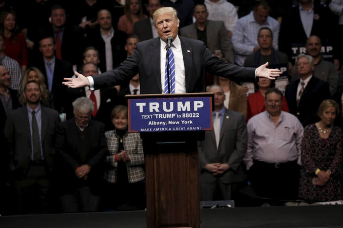 Republican U.S. presidential candidate Donald Trump speaks to supporters at a campaign rally in Albany, New York, April 11, 2016.