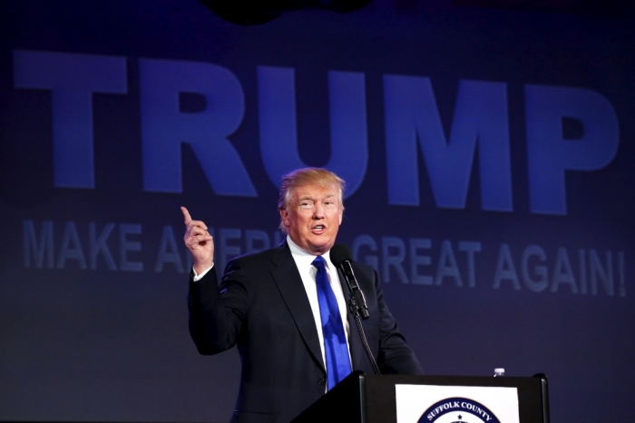 U.S. Republican presidential candidate Donald Trump speaks during the Suffolk County Republican Committee fundraising reception in Patchogue, New York, April 14, 2016.