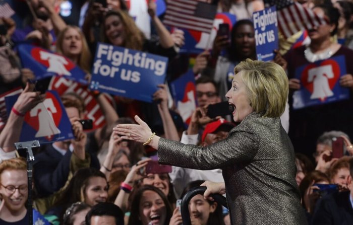 Democratic U.S. presidential candidate Hillary Clinton takes the stage at her five state primary night rally in Philadelphia, Pennsylvania, U.S., April 26, 2016.