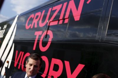 U.S. Republican presidential candidate Ted Cruz, R-Texas, speaks with the media before a campaign event at the Johnson County Fairgrounds in Franklin, Indiana, April 25, 2016.