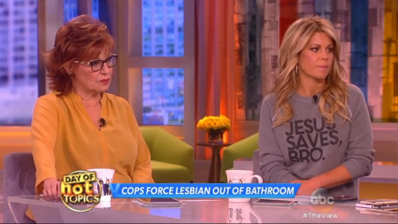 'The View' co-host Candace Cameron Bure sports a shirt imprinted with the phrase 'Jesus Saves, Bro' on the popular daytime talk show in New York, New York on April 29, 2016.