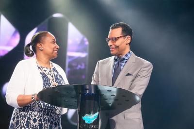 Pastor A.R. Bernard (R) of Brooklyn, New York's Christian Cultural Center speaks with his wife, Karen (L).