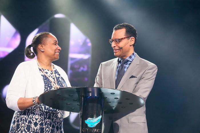 Pastor A.R. Bernard (R) of Brooklyn, New York's Christian Cultural Center and his wife Karen (L).