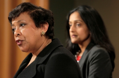 Attorney General Loretta E. Lynch and Principal Deputy Assistant Attorney General Vanita Gupta, head of the Civil Rights Division, announce law enforcement action against the state of North Carolina in Washington, U.S., May 9, 2016.