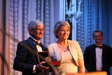 Former prisoner of conscience, author, poet and artist Armando Valladares (L) his wife Martha (C) at the Canterbury Medal Dinner in New York City on Thursday May 12, 2016. President of the Becket Fund for Religious Liberty, William P. Mumma (far right) looks on.