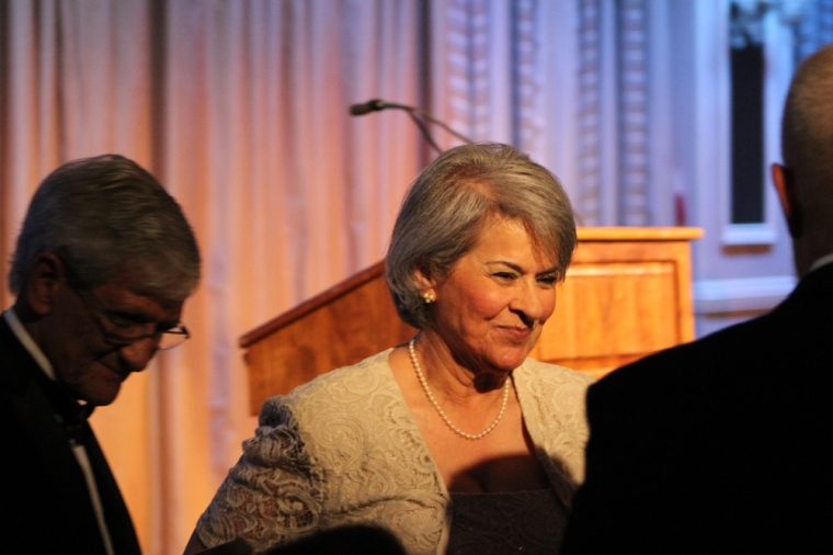 Martha Valladares (R), leaves the podium with her husband Armando Valladares (L), a former political prisoner in Cuba who received the Canterbury Medal for courage in defense of religious liberty in New York City Thursday night.