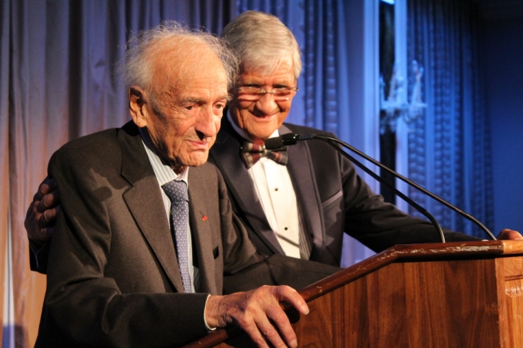 Armando Valladares (R), 2016 Canterbury Medal winner with his friend Elie Wiesel (L) holocaust survivor, best-selling author and Nobel Laureate in New York City on May 12, 2016.