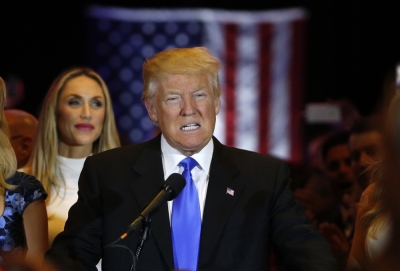 Republican U.S. presidential candidate and businessman Donald Trump speaks to supporters after his rival, Senator Ted Cruz, dropped out of the race following the results of the Indiana state primary, at Trump Tower in Manhattan, New York, U.S., May 3, 2016.