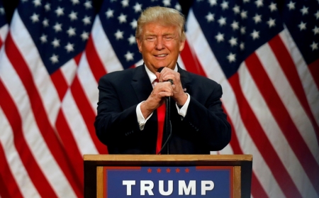 Republican U.S. presidential candidate Donald Trump speaks at a campaign rally in Eugene, Oregon, on May 6, 2016.