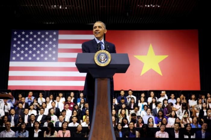 U.S. President Barack Obama attends a town hall meeting with members of the Young Southeast Asian Leaders Initiative (YSEALI) at the GEM Center in Ho Chi Minh City, Vietnam, May 25, 2016.