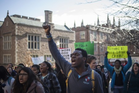 Student activists during a nationwide 'Hands up, walk out' protest at Washington University in St. Louis, Missouri.