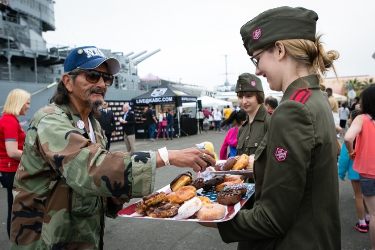 Veterans partook in National Donut Day event alongside the USS Iowa in the Los Angeles Harbor on Friday.