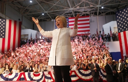 Democratic U.S. presidential candidate Hillary Clinton reacts as she arrives to speak to supporters at her California presidential primary night rally in Brooklyn, New York, U.S., June 7, 2016.