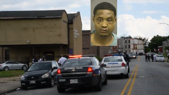 Police gather outside the New Song Worship and Arts Center Tuesday after a 47-year-old father was shot by his son, Antonio Addison, 25 (inset) during the funeral of his younger son.