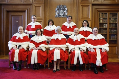 The Supreme Court of Canada Justices (front L-R) Thomas Cromwell, Rosalie Abella, Beverley McLachlin, Marshall Rothstein, Michael Moldaver, (back L-R) Clement Gascon, Andromache Karakatsanis, Richard Wagner, Suzanne Cote pose for a photo before a ceremony at the Supreme Court of Canada in Ottawa, February 10, 2015.