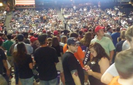 A group of Donald Trump supporters wait for their candidate to arrive at the Richmond Coliseum on Friday, June 11, 2016.