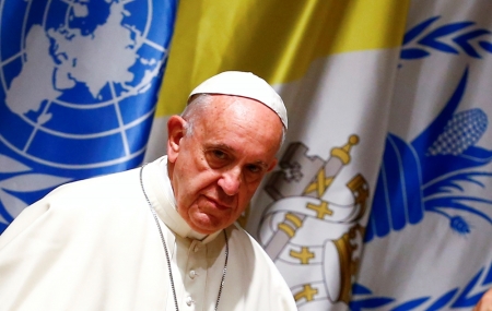 Pope Francis looks on as he arrives to visit the United Nations World Food Programme headquarters in Rome, Italy, June 13, 2016.