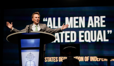 Ronnie Floyd, outgoing president of the Southern Baptist Convention, gives his final presidential address during the opening session of the SBC annual meeting Tuesday, June 14 in St. Louis. Floyd preached from Esther 4 and encouraged Southern Baptists to pursue racial equality.