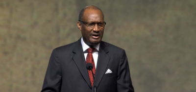 Dr. Jerry Young, head of the National Baptist Convention, USA, gives remarks at the Southern Baptist Convention annual meeting in St. Louis, Missouri on Tuesday, June 14, 2016.