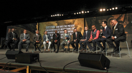 Ronnie Floyd, outgoing president of the Southern Baptist Convention, leads the panel discussion 'A National Conversation on Racial Unity in America' during the annual meeting of the SBC in St. Louis Tuesday, June 14.