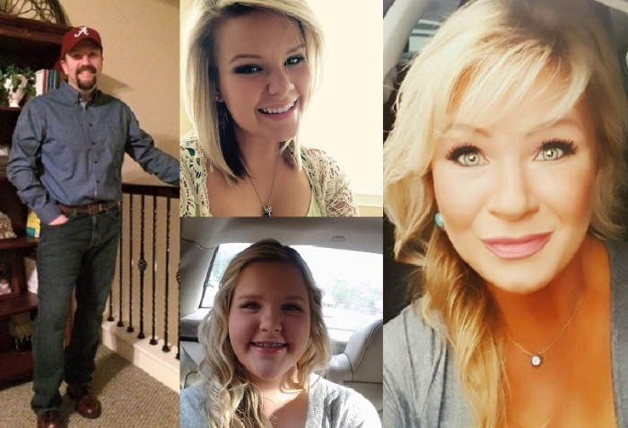 Jason Sheats, 45 (L), his late daughters Taylor, 22 (top C), Madison, 17 (bottom C) and his late wife Christy, 42 (R).