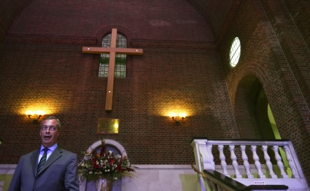 Nigel Farage, the leader of Britain's anti-EU UK Independence Party (UKIP) arrives to speak at the launch of the party's EU referendum campaign, in London, Britain, September 4, 2015.