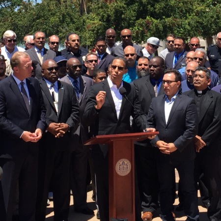 Miles McPherson, senior pastor of The Rock Church in San Diego, at a press conference on racial unity with community leaders from the church, police, government and other sectors on Monday, July 18, 2016.