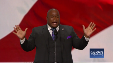 Pastor Mark Burns delivering opening prayer at Republican National Convention, Cleveland, Ohio, July 18, 2016.