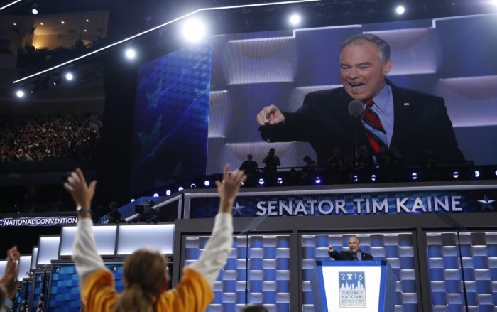 Democratic vice presidential nominee Senator Tim Kaine speaks on the third night at the Democratic National Convention in Philadelphia, Pennsylvania, U.S. July 27, 2016.