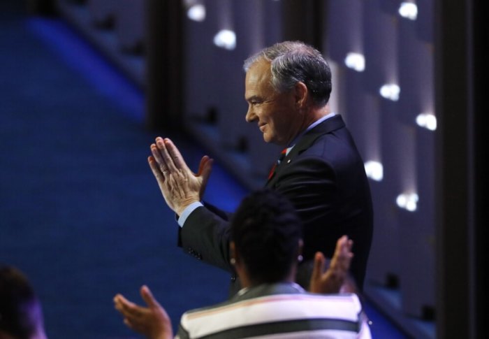 Democratic Nominee for Vice President Tim Kaine takes the stage at the Democratic National Convention in Philadelphia, Pennsylvania, U.S. July 27, 2016.