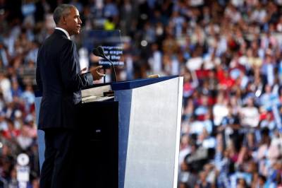 U.S. President Barack Obama delivers remarks on the third night of the Democratic National Convention in Philadelphia, Pennsylvania, U.S. July 27, 2016.