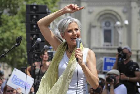 Green Party presidential candidate Jill Stein speaks during a rally of Bernie Sanders supporters outside the Wells Fargo Center on the second day of the Democratic National Convention in Philadelphia, Pennsylvania, July 26, 2016.