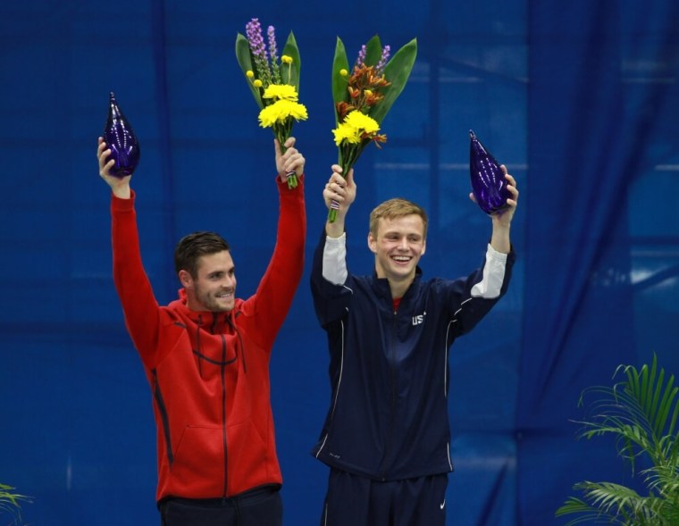 David Boudia on left finishes first and Steele Johnson on right finishes second in the Senior Men 10m Platform Final during the 2016 U.S. Olympic Teams Trials Diving at the IU Natatorium in Indianapolis, Indiana, June 26, 2016.