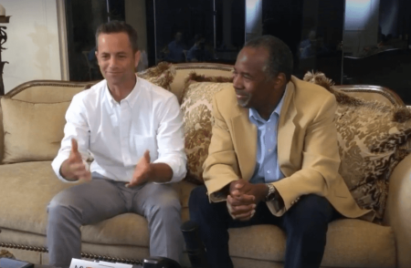 Dr. Ben Carson and actor Kirk Cameron answering questions in a live tele-forum hosted from the retired neurosurgeon's living room.