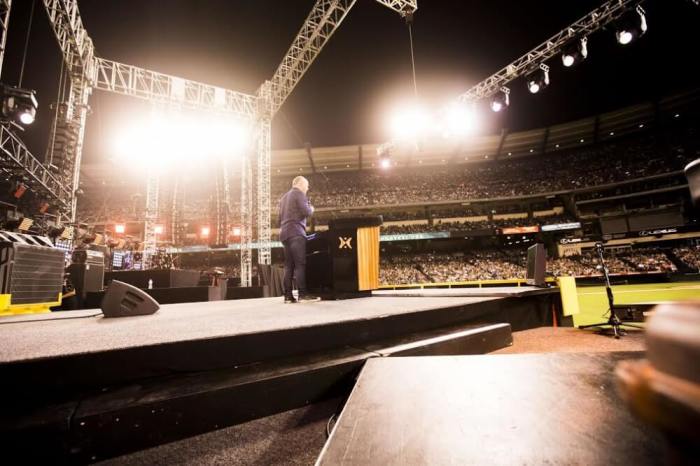 Greg Laurie speaks to thousands gathered at Angel Stadium in Anaheim, California for the 27th SoCalHarvest on Aug. 26, 2016.