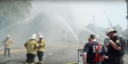 Fire-fighters put out fire at Good Shepherd Presbyterian Church, located in the Overbrook area of West Philadelphia, Pennsylvania on the morning of Monday, August 29, 2016.