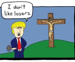 Cartoon Trump Calling Jesus on Cross 'Loser' Billboard Stolen While Pastor Conducting Funeral