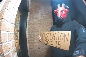 Satanic prank or prophetic warning? Goat-headed stranger caught on Ring camera with sign quoting Revelation 20